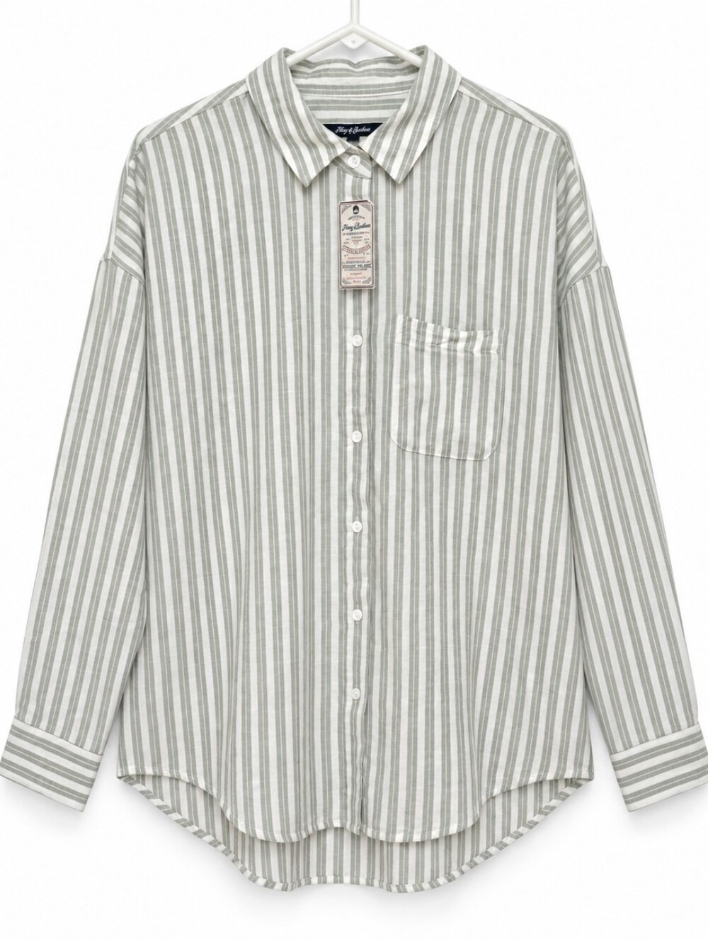 NWT Flag & Anthem Green Striped Linen Blend Oversized Button Down Shirt Size M